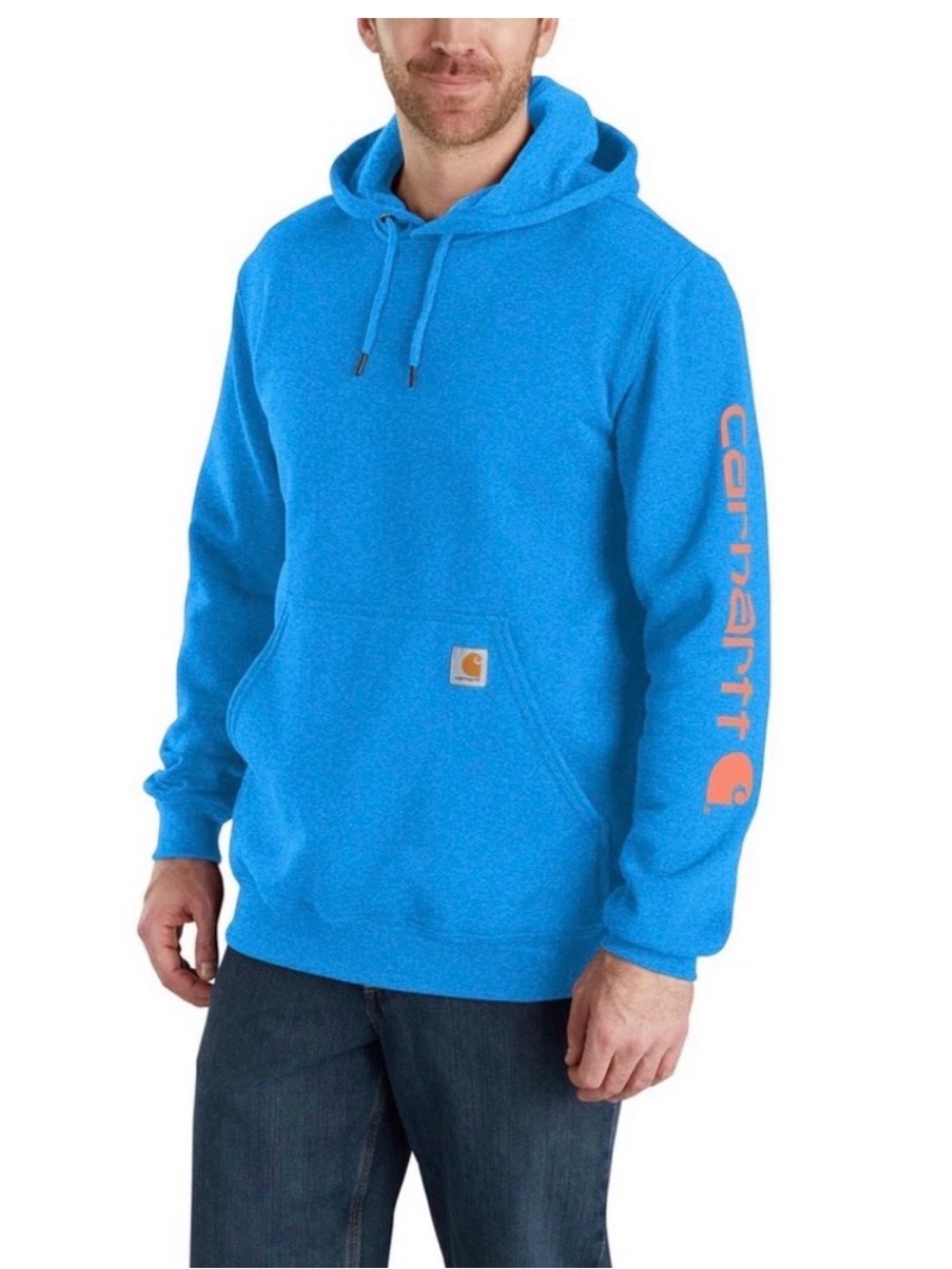 Carhartt Men’s Electric Blue Pullover Hoodie with Orange Sleeve Logo